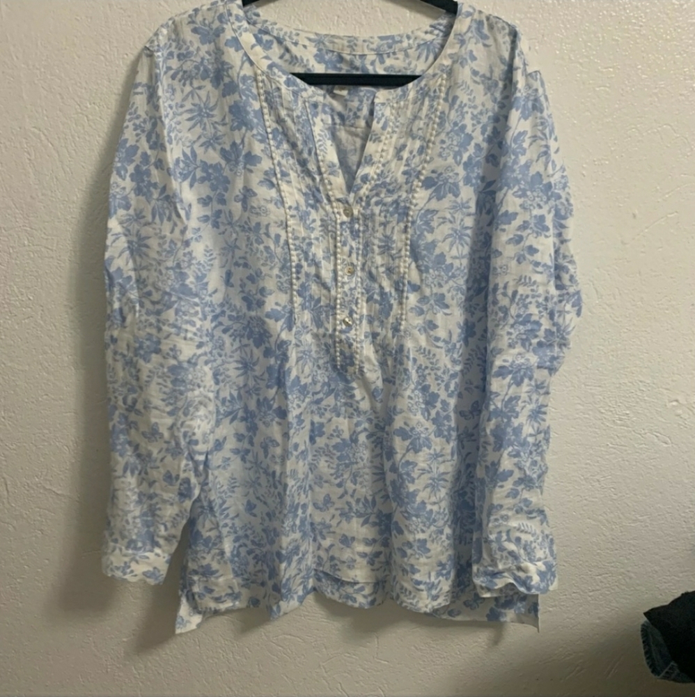 JJILL Pintuck Linen Blue Flowers Butterflies XL